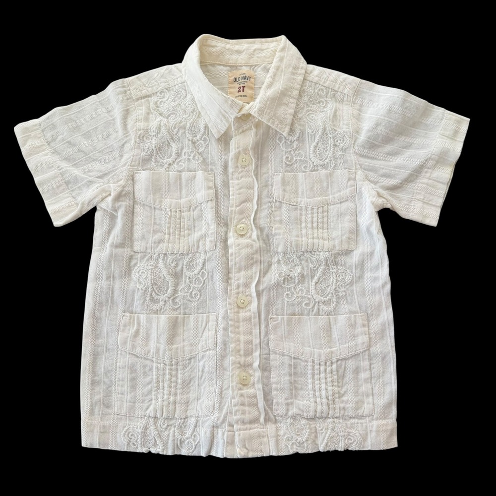 Old Navy Boys 2T White Embroidered Cotton Guayabera Short Sleeve Shirt Wedding